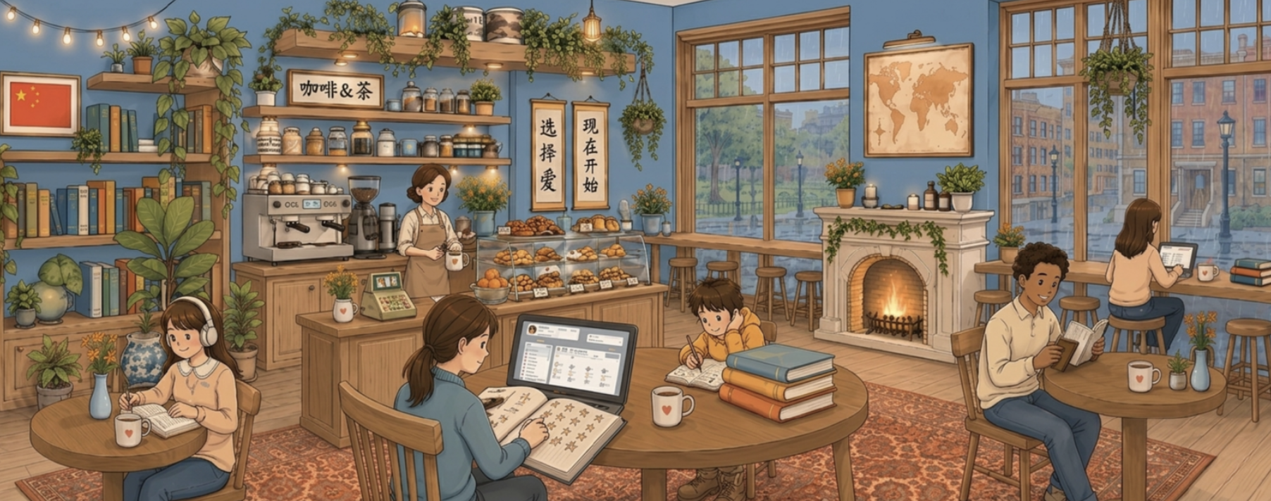 A cozy Mandarin study cafe scene